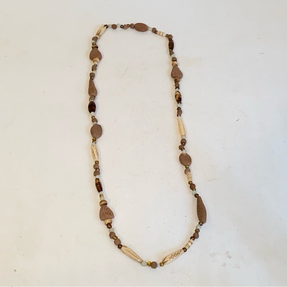 Vintage Ethnic Beaded 16" Necklace Terra Cotta Clay Glass Etched Faux Bone Beads - Picture 3 of 10